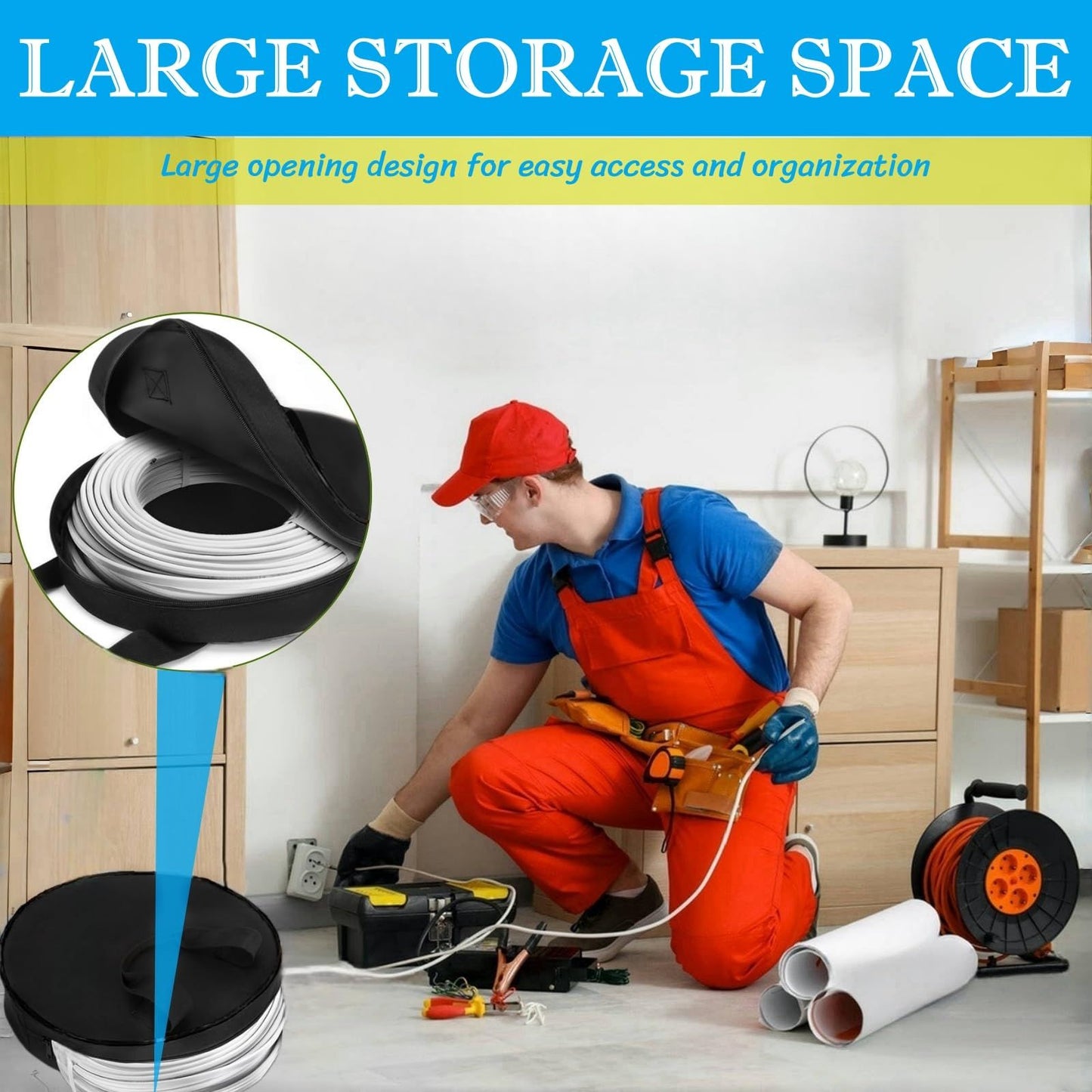Round Cable Bag, Waterproof Jumper Cable Organizer Storage Bag, Perfect for Jumper Cables,RV Sewer Pipe,EV Charging Cord Storage,Extensions and Garden Hoses,Camper Accessories (Black,oniy bag)