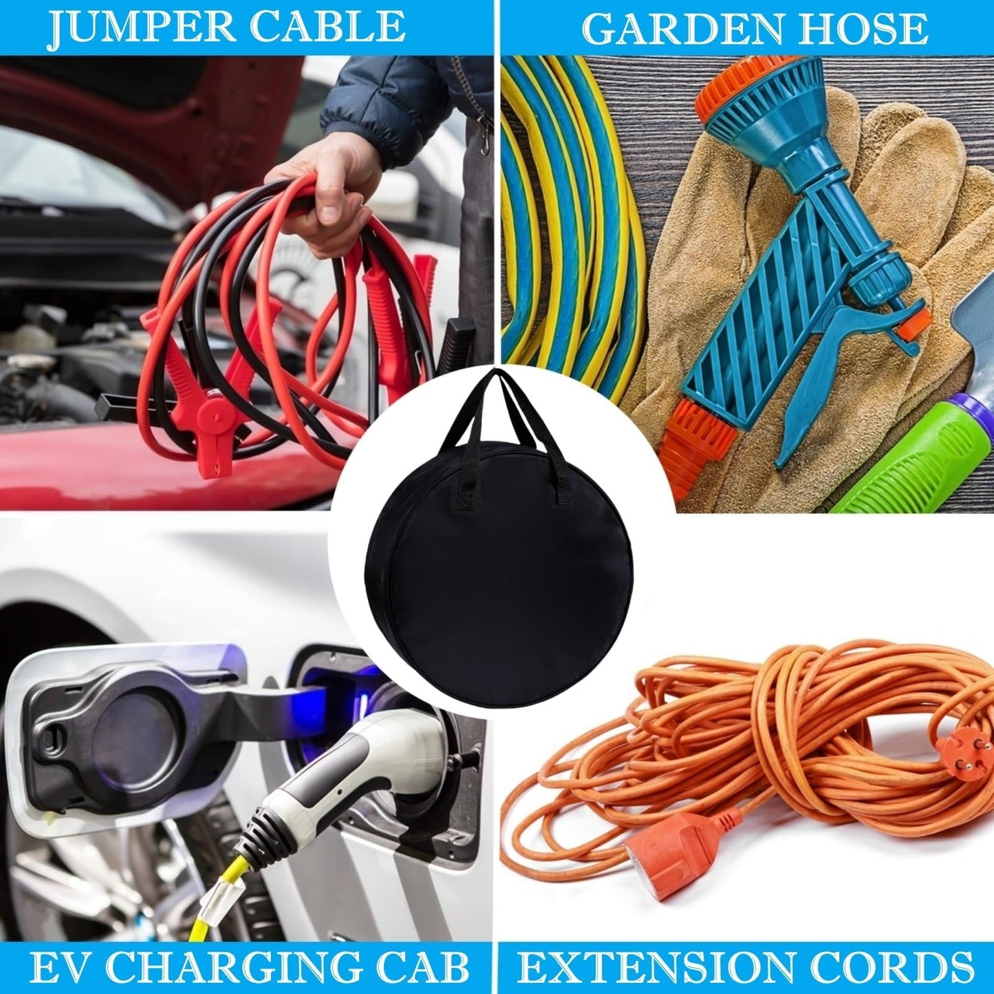 Round Cable Bag, Waterproof Jumper Cable Organizer Storage Bag, Perfect for Jumper Cables,RV Sewer Pipe,EV Charging Cord Storage,Extensions and Garden Hoses,Camper Accessories (Black,oniy bag)