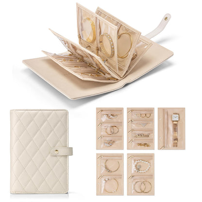 Travel Jewelry Organizer Case,Jewelry Storage Book Ring Binder with Clear Zipper Jewelry Pouches Bags for Rings, Necklace, Earrings-Cream White（oniy bag）