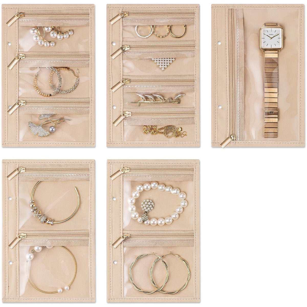 Travel Jewelry Organizer Case,Jewelry Storage Book Ring Binder with Clear Zipper Jewelry Pouches Bags for Rings, Necklace, Earrings-Cream White（oniy bag）