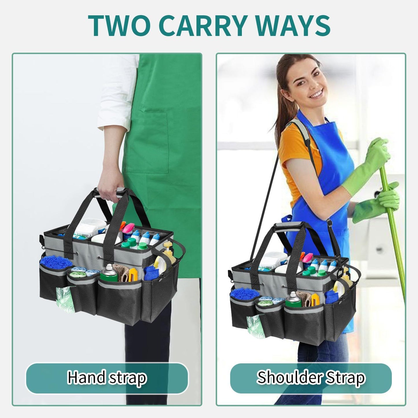Wearable Cleaning Caddy, Cleaning Caddy Supplies Organizer with Handle & Shoulder Straps for Housekeepers, Under Sink & Car Cleaning Tool Organizers Bag with 4 Foldable Divider (MediumGrey)
