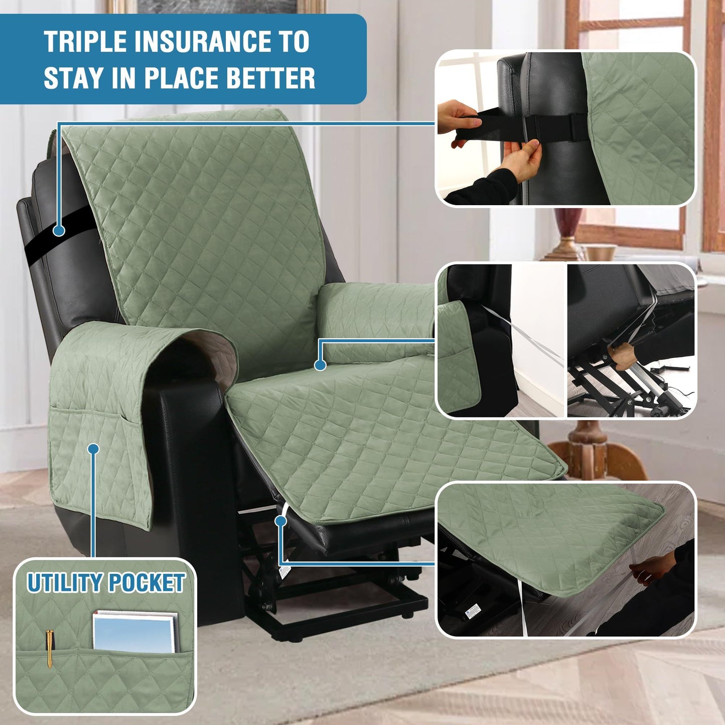 Electric Power Lift Recliner Covers for Reclining Chair Cover Waterproof Non Slip Recliner Slipcovers Seat Washable Recliner Chair Cover with Side Pocket