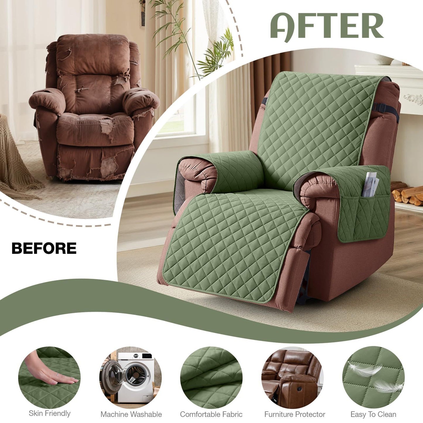 Electric Power Lift Recliner Covers for Reclining Chair Cover Waterproof Non Slip Recliner Slipcovers Seat Washable Recliner Chair Cover with Side Pocket