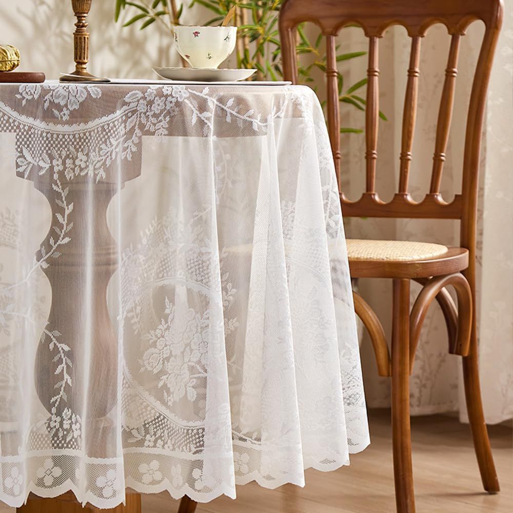 Vintage White Lace Tablecloth for Wedding Party Banquet Farmhouse Floral Embroidered Round Table Cover for Dining Home Decor (Round 70 inch,White)