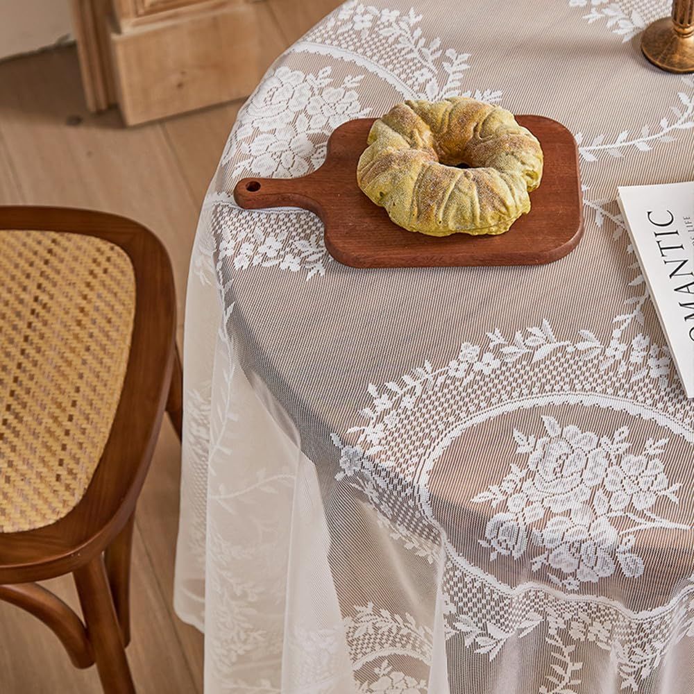 Vintage White Lace Tablecloth for Wedding Party Banquet Farmhouse Floral Embroidered Round Table Cover for Dining Home Decor (Round 70 inch,White)