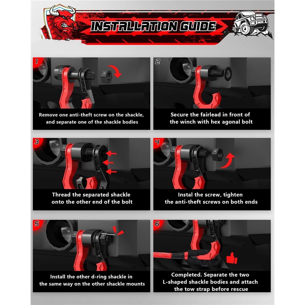 3/4" Separate Shackles, Break Strength Easy Open Towing Winch Shackles, Heavy Duty Shackles with 7/8" Screw Pin for Tow Strap Winch Off Road Vehicle Recovery, BlackRed