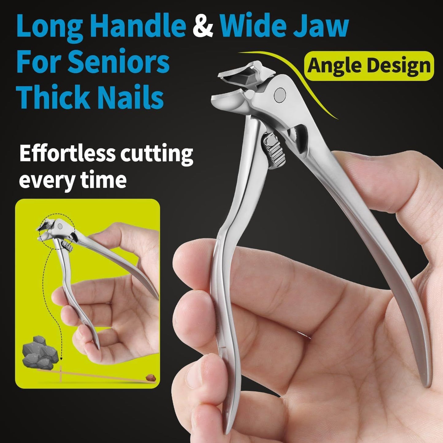 Ergonomic Nail Clipper for Seniors - Toenail Clipper for Thick Toenails and Fingernails, Long Handle Nail Clippers with Catcher, Precision Nail Trimmer for Men and Women - Silver