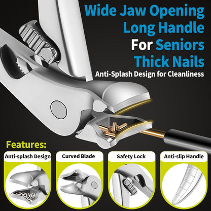 Ergonomic Nail Clipper for Seniors - Toenail Clipper for Thick Toenails and Fingernails, Long Handle Nail Clippers with Catcher, Precision Nail Trimmer for Men and Women - Silver