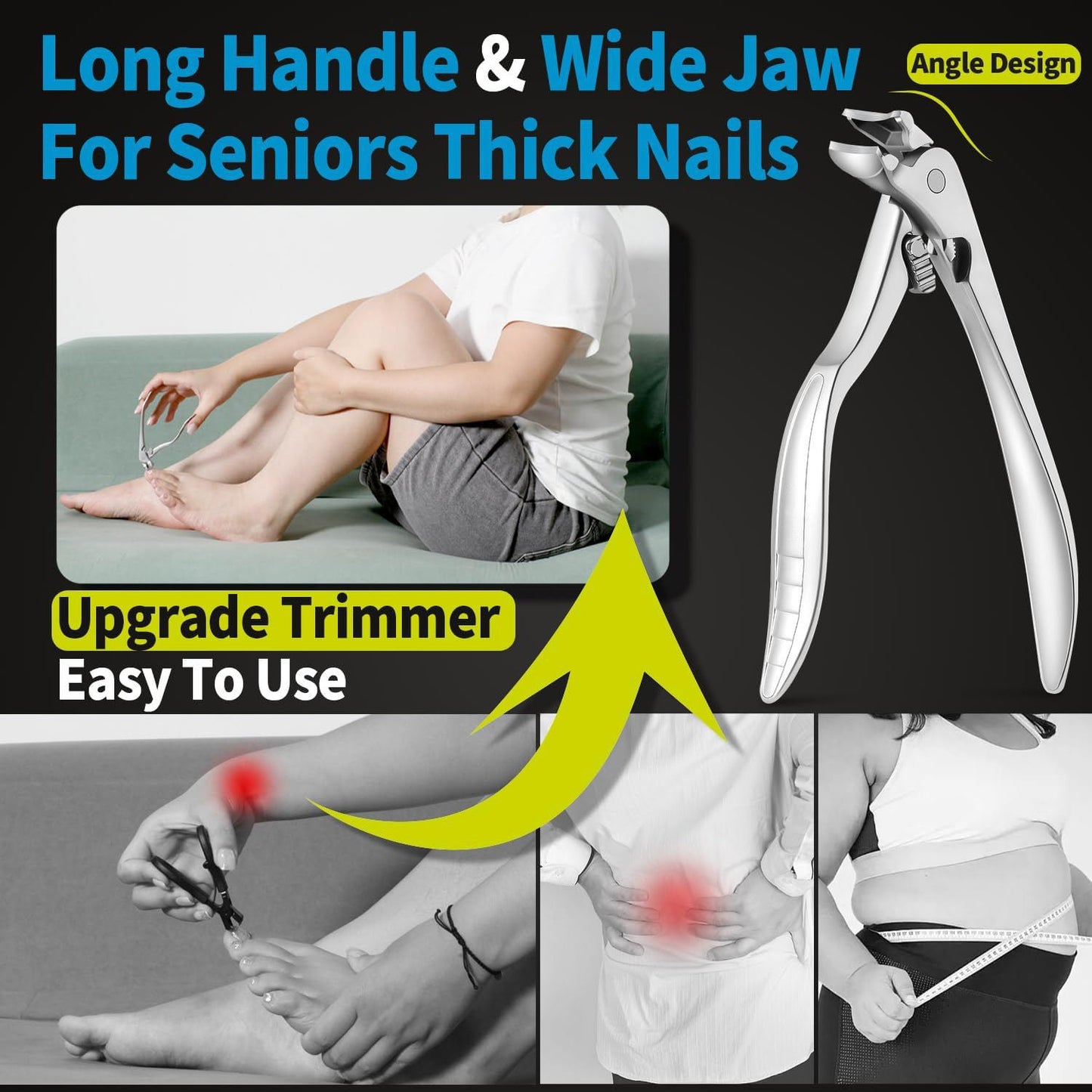 Ergonomic Nail Clipper for Seniors - Toenail Clipper for Thick Toenails and Fingernails, Long Handle Nail Clippers with Catcher, Precision Nail Trimmer for Men and Women - Silver