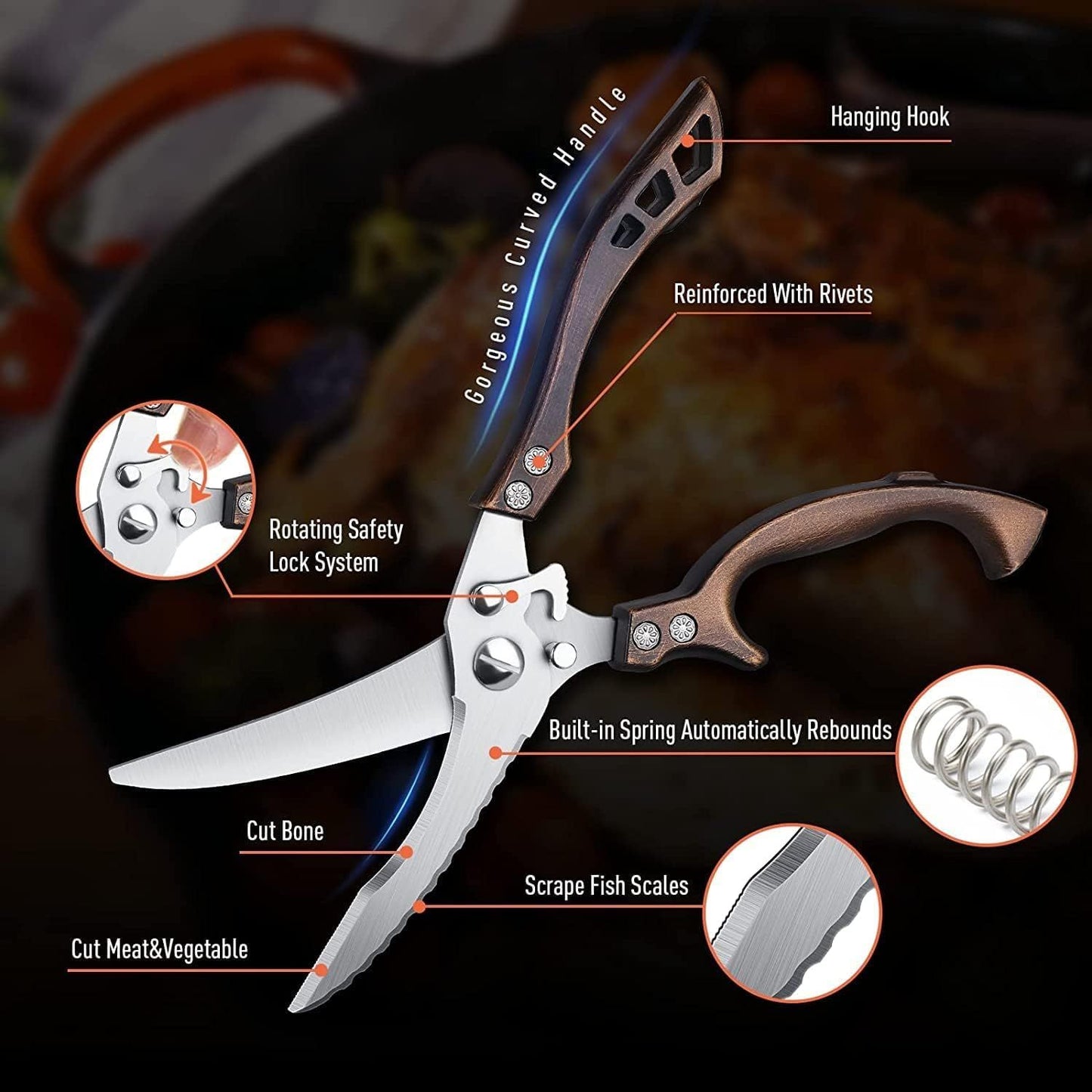 Poultry Shears, Heavy Duty Kitchen Shears with Serrated Edge, Multipurpose Stainless Steel Kitchen Scissors for Chicken, Bone, Meat, Turkey, Fish Thanksgiving Christmas Gifts