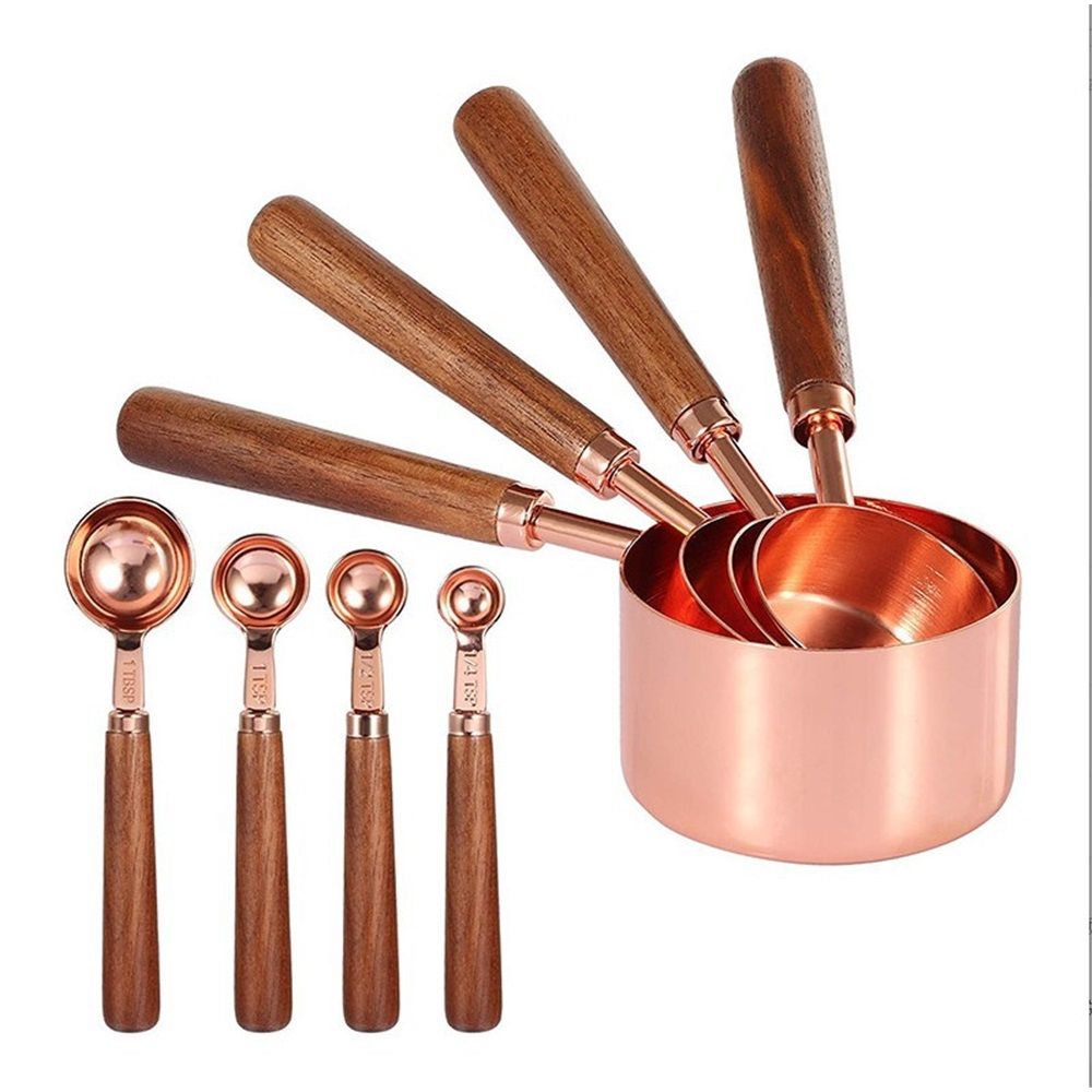 Copper Stainless Steel Measuring Cups and Spoons Set of 8, Wooden Handle Metric Cups and Spoons for cooking and baking