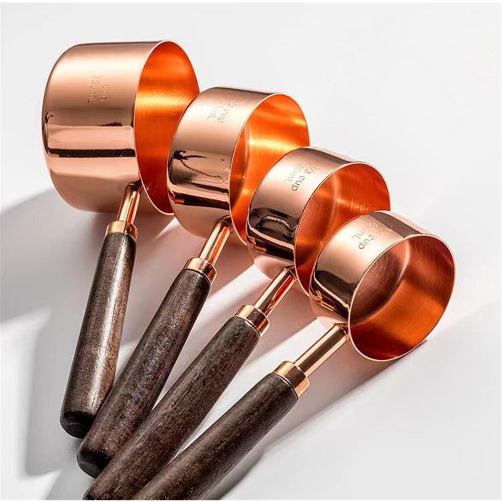 Copper Stainless Steel Measuring Cups and Spoons Set of 8, Wooden Handle Metric Cups and Spoons for cooking and baking