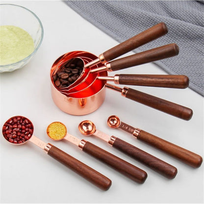 Copper Stainless Steel Measuring Cups and Spoons Set of 8, Wooden Handle Metric Cups and Spoons for cooking and baking