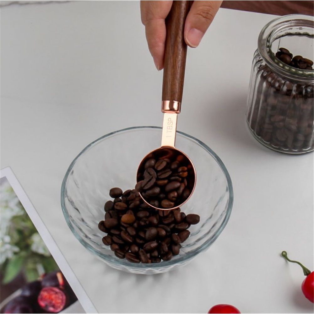 Copper Stainless Steel Measuring Cups and Spoons Set of 8, Wooden Handle Metric Cups and Spoons for cooking and baking