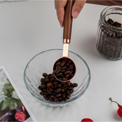 Copper Stainless Steel Measuring Cups and Spoons Set of 8, Wooden Handle Metric Cups and Spoons for cooking and baking
