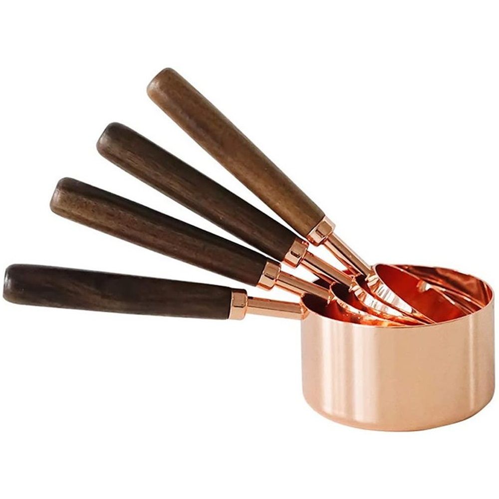 Copper Stainless Steel Measuring Cups and Spoons Set of 8, Wooden Handle Metric Cups and Spoons for cooking and baking