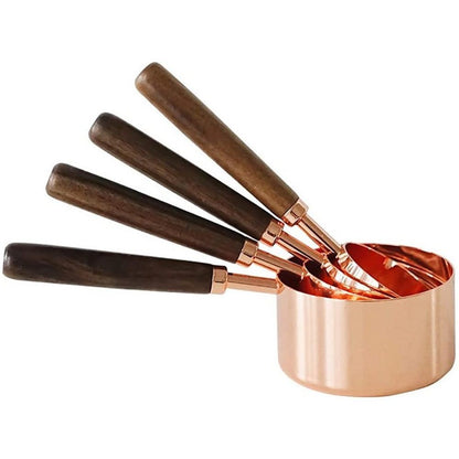 Copper Stainless Steel Measuring Cups and Spoons Set of 8, Wooden Handle Metric Cups and Spoons for cooking and baking