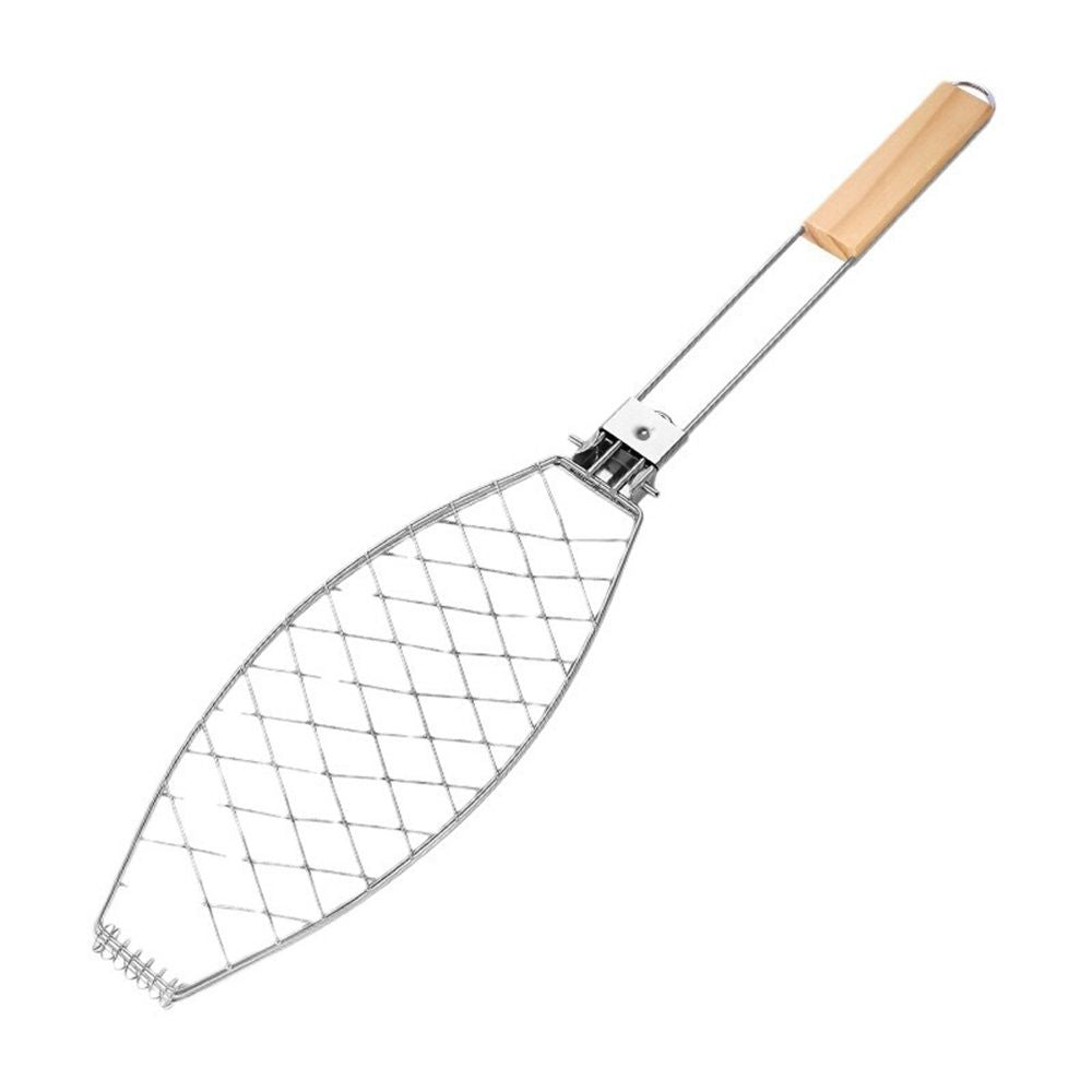 Stainless Steel BBQ Fish Basket, Large, Silver  Large Fish Grilling Rack for Grill Fish Vegetables Shrimp, Folding Stainless Steel Grill Basket with Removable Wooden Handle