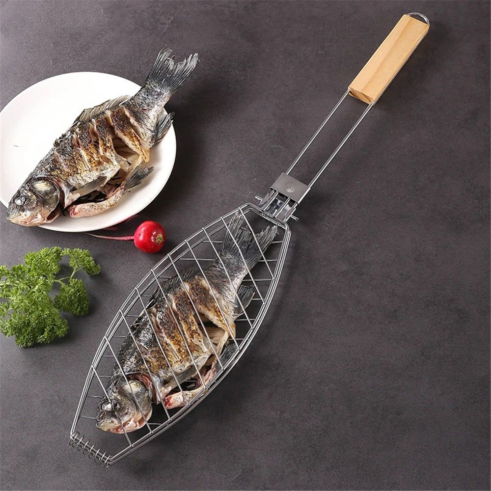 Stainless Steel BBQ Fish Basket, Large, Silver  Large Fish Grilling Rack for Grill Fish Vegetables Shrimp, Folding Stainless Steel Grill Basket with Removable Wooden Handle