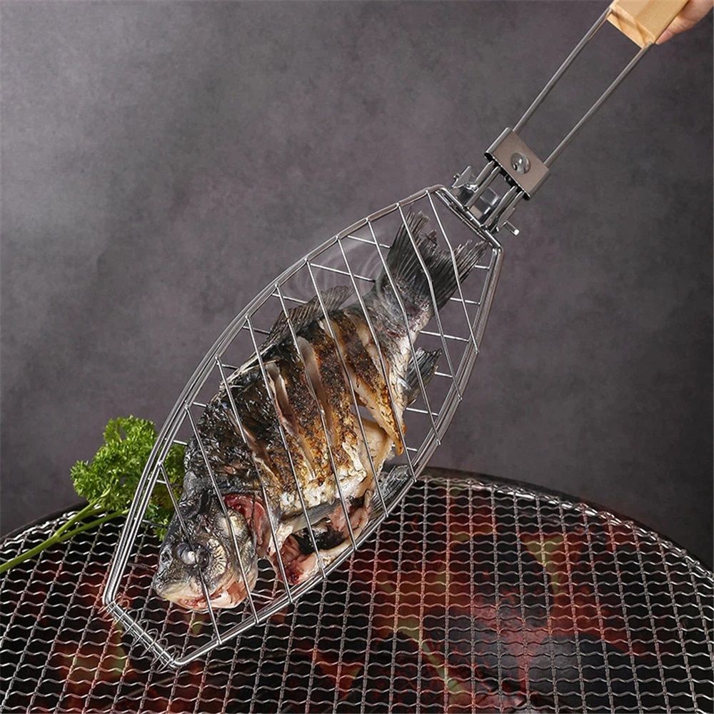 Stainless Steel BBQ Fish Basket, Large, Silver  Large Fish Grilling Rack for Grill Fish Vegetables Shrimp, Folding Stainless Steel Grill Basket with Removable Wooden Handle
