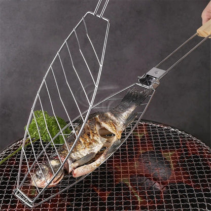Stainless Steel BBQ Fish Basket, Large, Silver  Large Fish Grilling Rack for Grill Fish Vegetables Shrimp, Folding Stainless Steel Grill Basket with Removable Wooden Handle