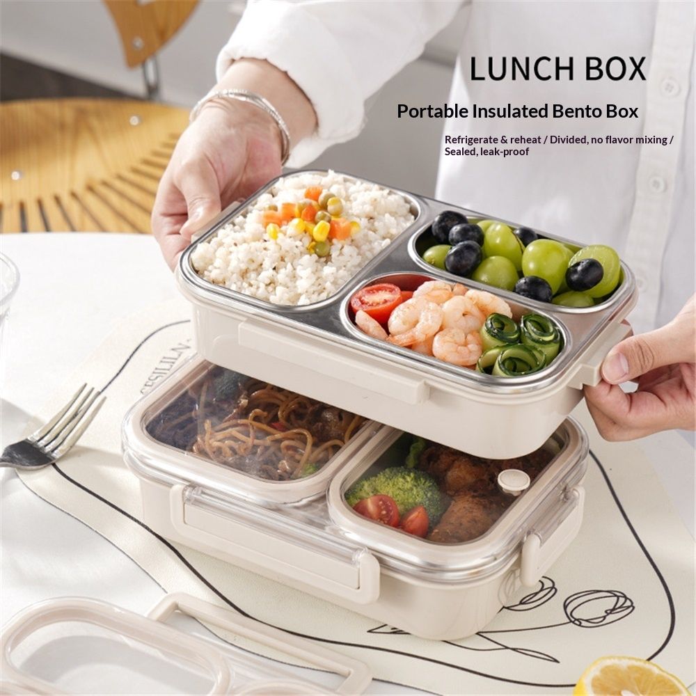 Stainless Steel Lunch Box for Kids & Adults  Leakproof 3 Compartment Metal Lunch Container - 18/8 Stainless Steel Bento Box - Ideal for School, Office & Outdoor - Dishwasher Safe (Cream)