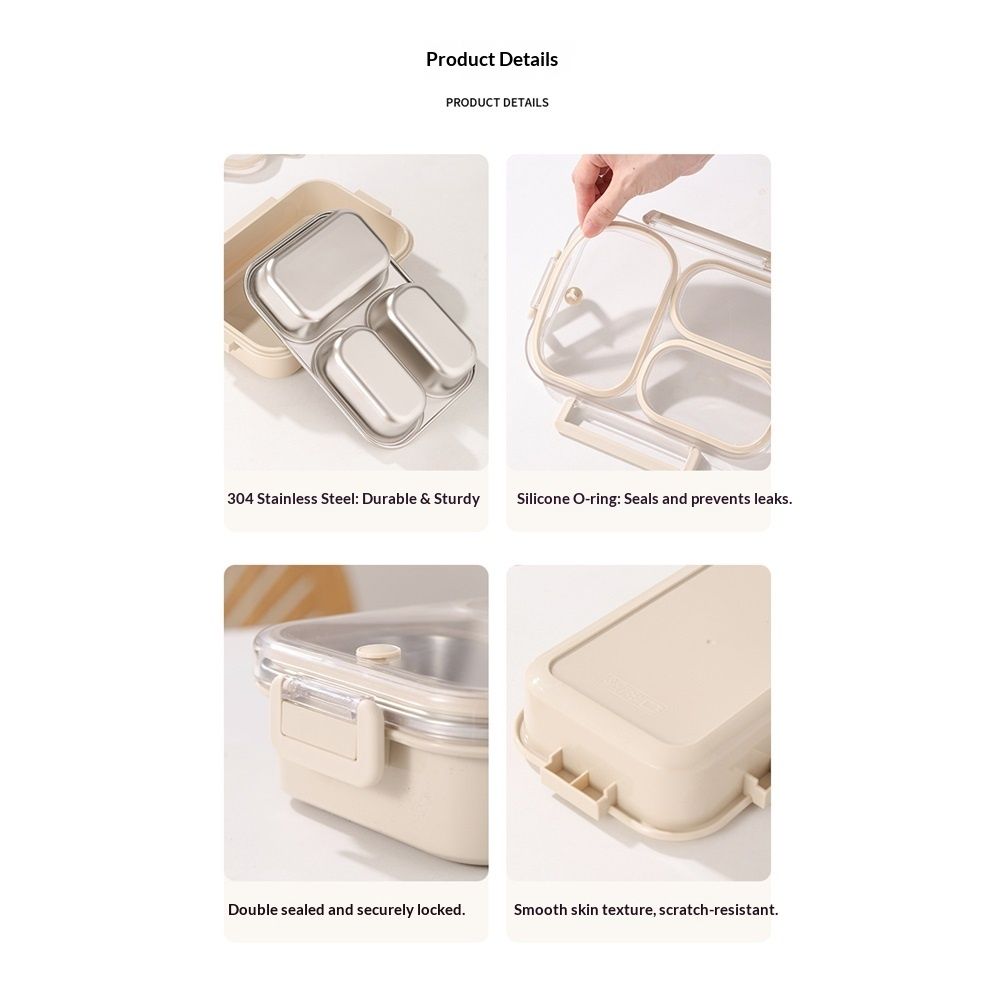 Stainless Steel Lunch Box for Kids & Adults  Leakproof 3 Compartment Metal Lunch Container - 18/8 Stainless Steel Bento Box - Ideal for School, Office & Outdoor - Dishwasher Safe (Cream)