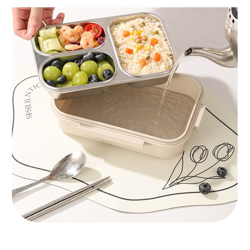 Stainless Steel Lunch Box for Kids & Adults  Leakproof 3 Compartment Metal Lunch Container - 18/8 Stainless Steel Bento Box - Ideal for School, Office & Outdoor - Dishwasher Safe (Cream)