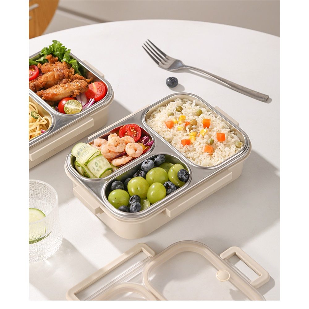 Stainless Steel Lunch Box for Kids & Adults  Leakproof 3 Compartment Metal Lunch Container - 18/8 Stainless Steel Bento Box - Ideal for School, Office & Outdoor - Dishwasher Safe (Cream)