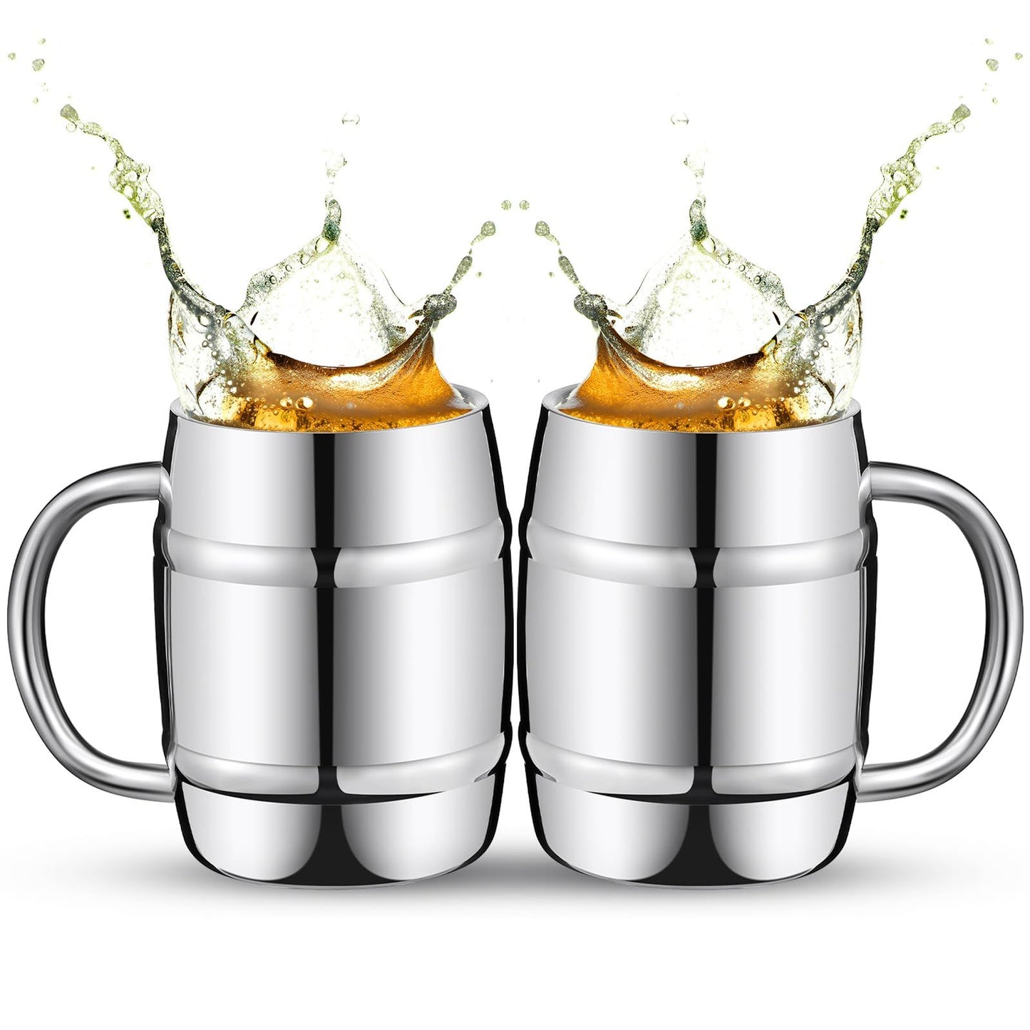 2 Pcs 304 Stainless Steel Barrels Mugs 16 oz Double Wall Coffee Cup Beer Cup with Handle for Party Travel Tumbler Tea Insulated Cold Hot Drinks