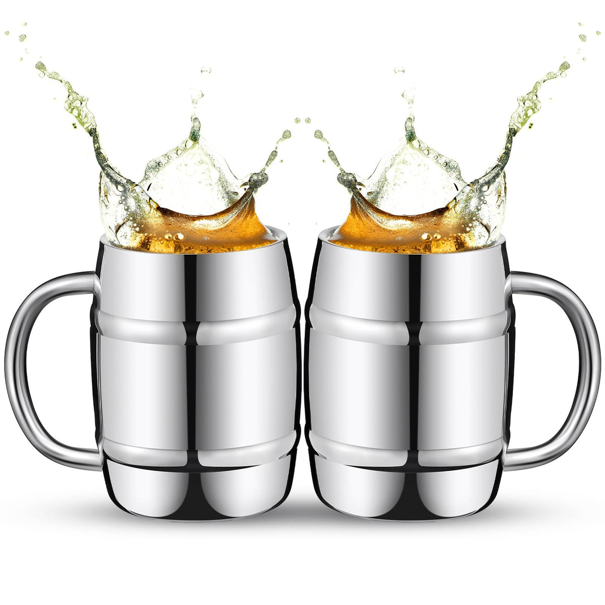 2 Pcs 304 Stainless Steel Barrels Mugs 16 oz Double Wall Coffee Cup Beer Cup with Handle for Party Travel Tumbler Tea Insulated Cold Hot Drinks