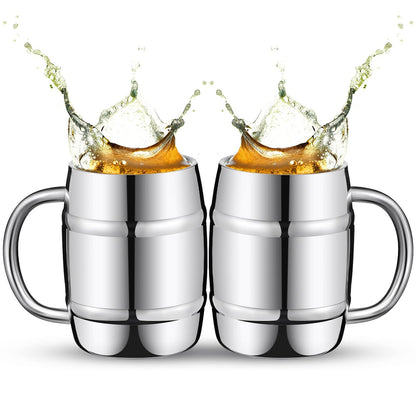 2 Pcs 304 Stainless Steel Barrels Mugs 16 oz Double Wall Coffee Cup Beer Cup with Handle for Party Travel Tumbler Tea Insulated Cold Hot Drinks
