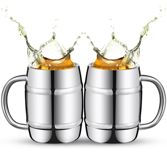 2 Pcs 304 Stainless Steel Barrels Mugs 16 oz Double Wall Coffee Cup Beer Cup with Handle for Party Travel Tumbler Tea Insulated Cold Hot Drinks