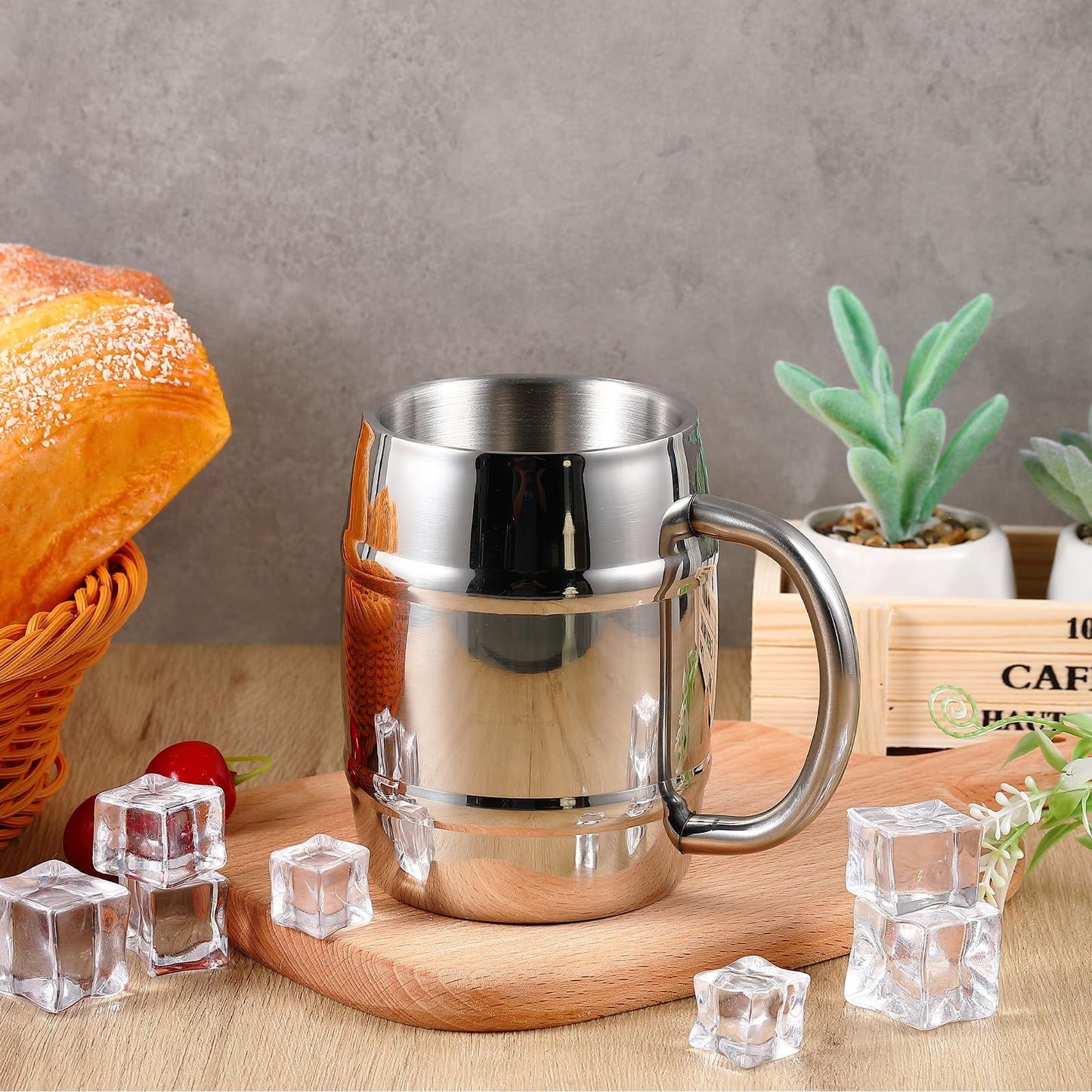 2 Pcs 304 Stainless Steel Barrels Mugs 16 oz Double Wall Coffee Cup Beer Cup with Handle for Party Travel Tumbler Tea Insulated Cold Hot Drinks