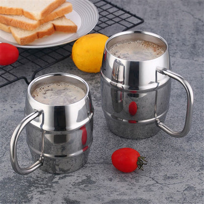 2 Pcs 304 Stainless Steel Barrels Mugs 16 oz Double Wall Coffee Cup Beer Cup with Handle for Party Travel Tumbler Tea Insulated Cold Hot Drinks