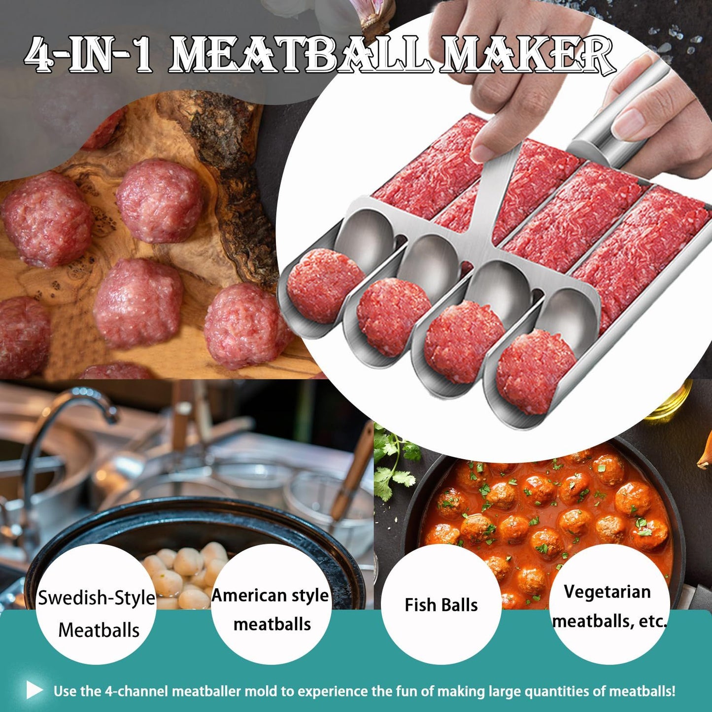 Meatball Maker Tool, 304 Stainless Steel Kitchen Manual Non Stick Meatball Maker, Portable Meatball Spoon Ball Maker Kitchen Restaurant Must Have Meatball Making Set，Home Cooking Tools (4-channel)