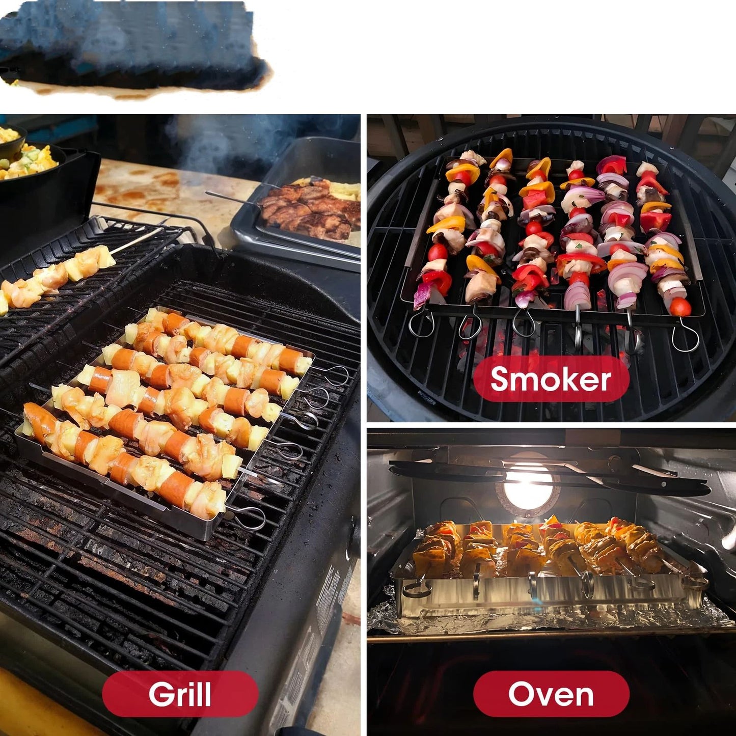 Stainless Steel BBQ Shish Kabob Set, Foldable Shish Kabob Holder with 6pcs 12.2"L Skewers, Reusable Grill Rack, Comes Skewers for Party and Cookout