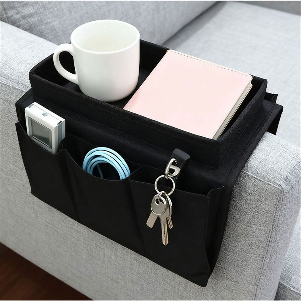 Sofa Armrest Organizer, Couch TV Remote Storage Organizer with Pockets for Recliner Armchair Snacks Glasses Smartphone Magazines Pouch (black)
