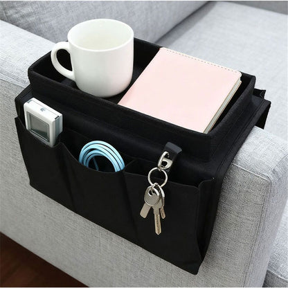 Sofa Armrest Organizer, Couch TV Remote Storage Organizer with Pockets for Recliner Armchair Snacks Glasses Smartphone Magazines Pouch (black)