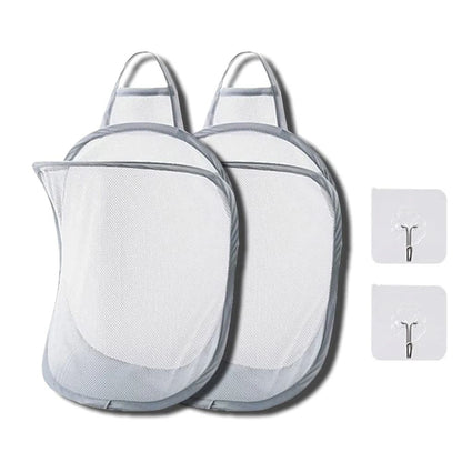 Mesh Collapsible Small Wall Laundry Baskets，Hanging Laundry Hamper，for Hotel, University Dormitory Use  (Two gray ones including adhesive hooks)