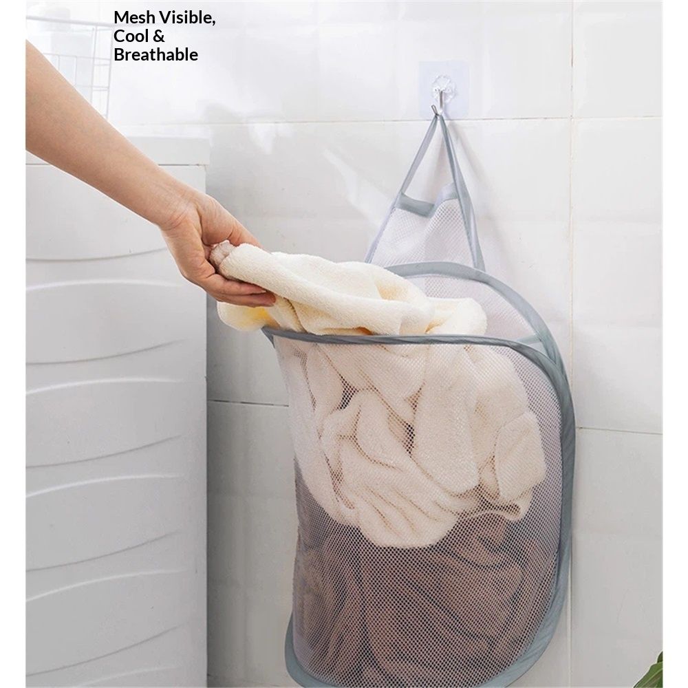 Mesh Collapsible Small Wall Laundry Baskets，Hanging Laundry Hamper，for Hotel, University Dormitory Use  (Two gray ones including adhesive hooks)