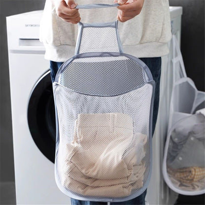 Mesh Collapsible Small Wall Laundry Baskets，Hanging Laundry Hamper，for Hotel, University Dormitory Use  (Two gray ones including adhesive hooks)