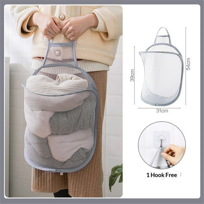 Mesh Collapsible Small Wall Laundry Baskets，Hanging Laundry Hamper，for Hotel, University Dormitory Use  (Two gray ones including adhesive hooks)