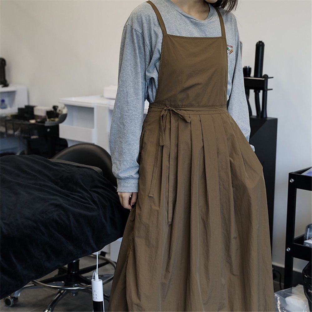 Ladies' waterproof apron, suitable for kitchen, garden, barber, cooking, pottery, nail art techniques (dark brown)