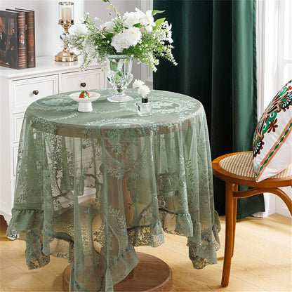 Green lace square flower tablecloth, chic and elegant covered pleated tablecloth, embroidered tablecloth protector 140*140cm