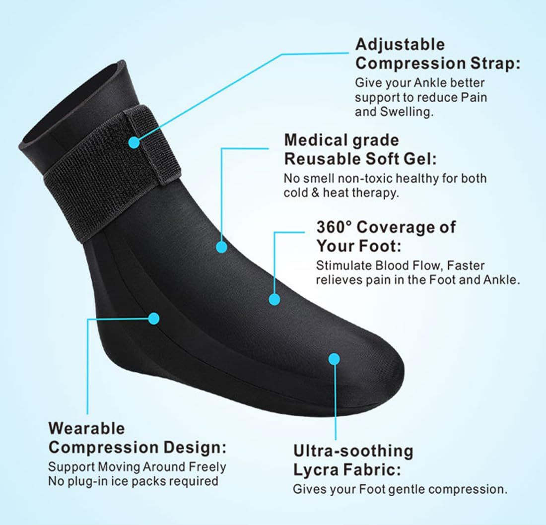 Reusable Gel Cold Therapy Sock for Hot & Cold Therapy, Ankle Foot Ice Pack Wrap for Injuries, Instant Pain Relief for Achilles Tendonitis, Plantar Fasciitis, -1pcs Black