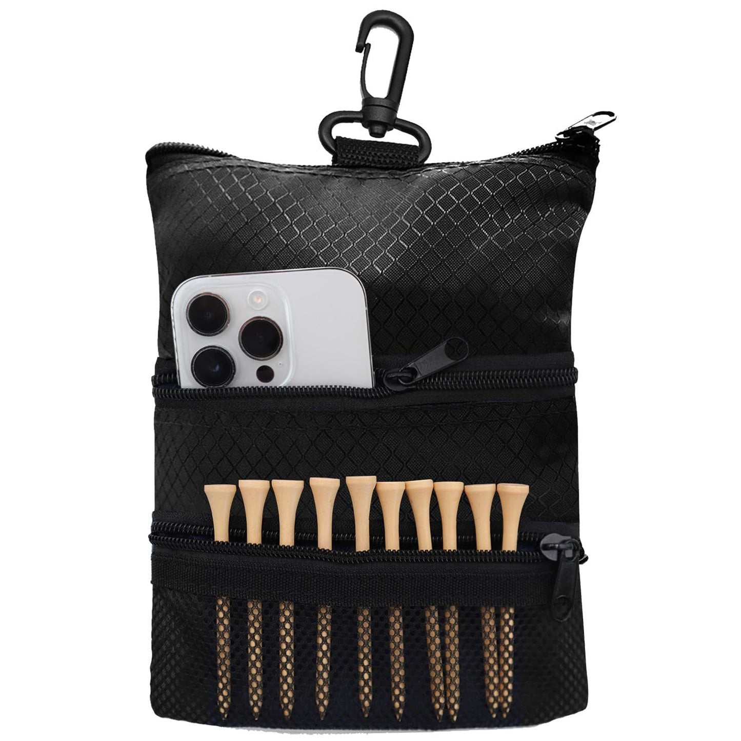 Golf Bag Accessories Valuables Pouch Bags Multi Pocket Zipper Hook  for Men Women Zipper pocket, gear clip（black）