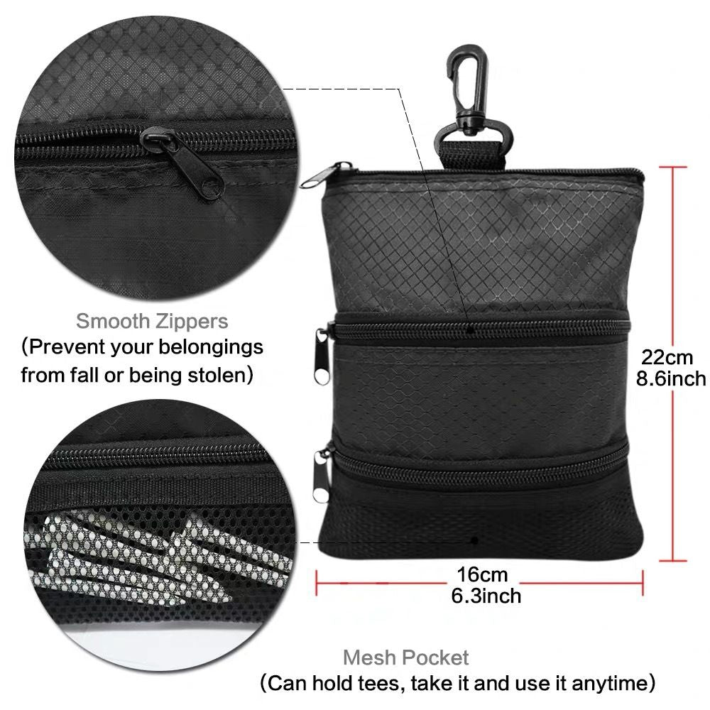Golf Bag Accessories Valuables Pouch Bags Multi Pocket Zipper Hook  for Men Women Zipper pocket, gear clip（black）