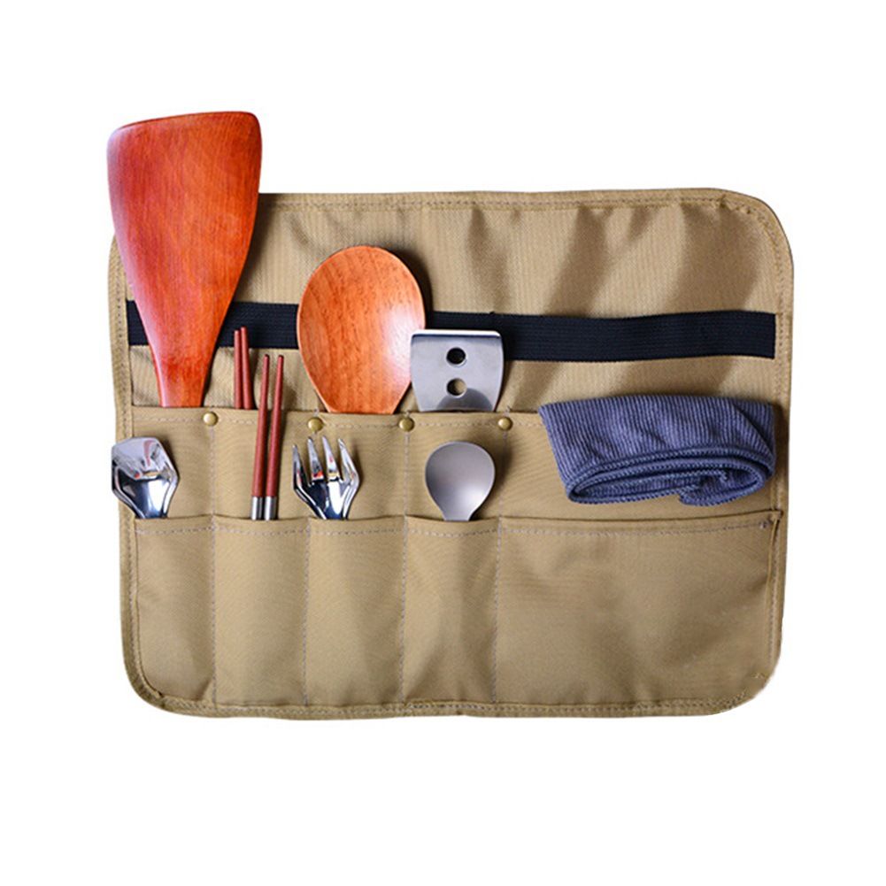 Camping Utensil Bag, Chef Knife Roll Canvas Roll up Culinary Bag Tableware Storage Hanging Knife Pouch Holder for Outdoor Barbecue Activities(Square, Khaki)
