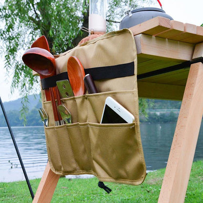 Camping Utensil Bag, Chef Knife Roll Canvas Roll up Culinary Bag Tableware Storage Hanging Knife Pouch Holder for Outdoor Barbecue Activities(Square, Khaki)